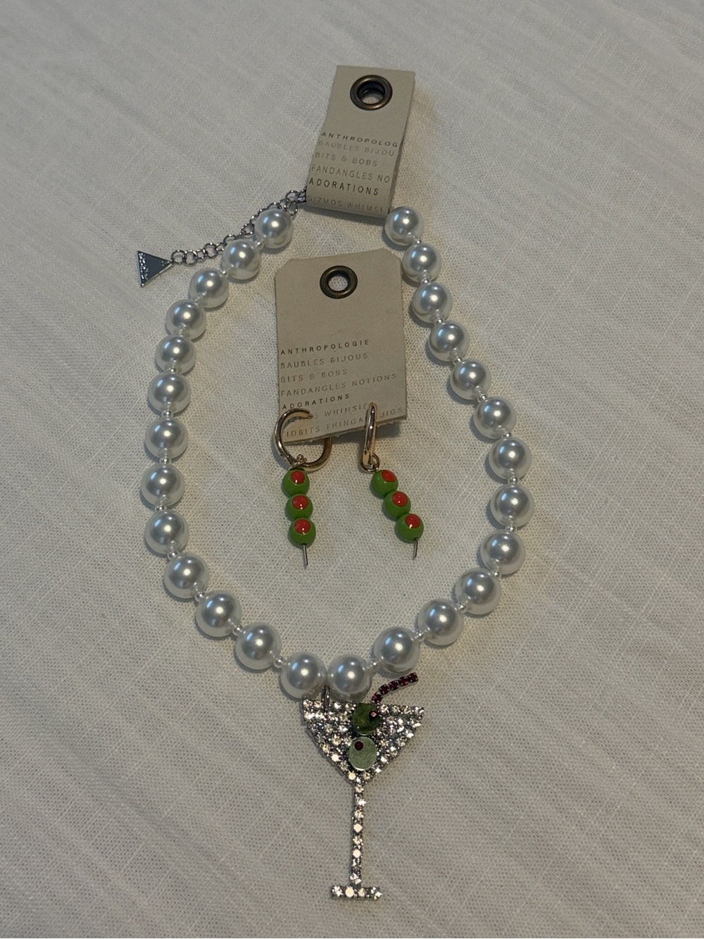 Anthropologie Silver Pearl Necklace and Green Olive Drop Earrings Set